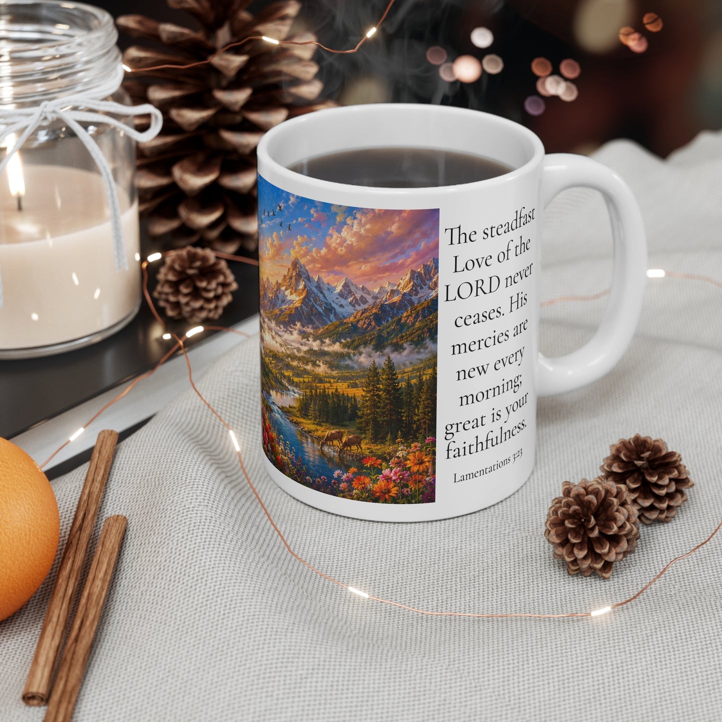His Mercies Are New Every Morning Coffee Mug 11oz - Lamentations 3:23 Christian Gift