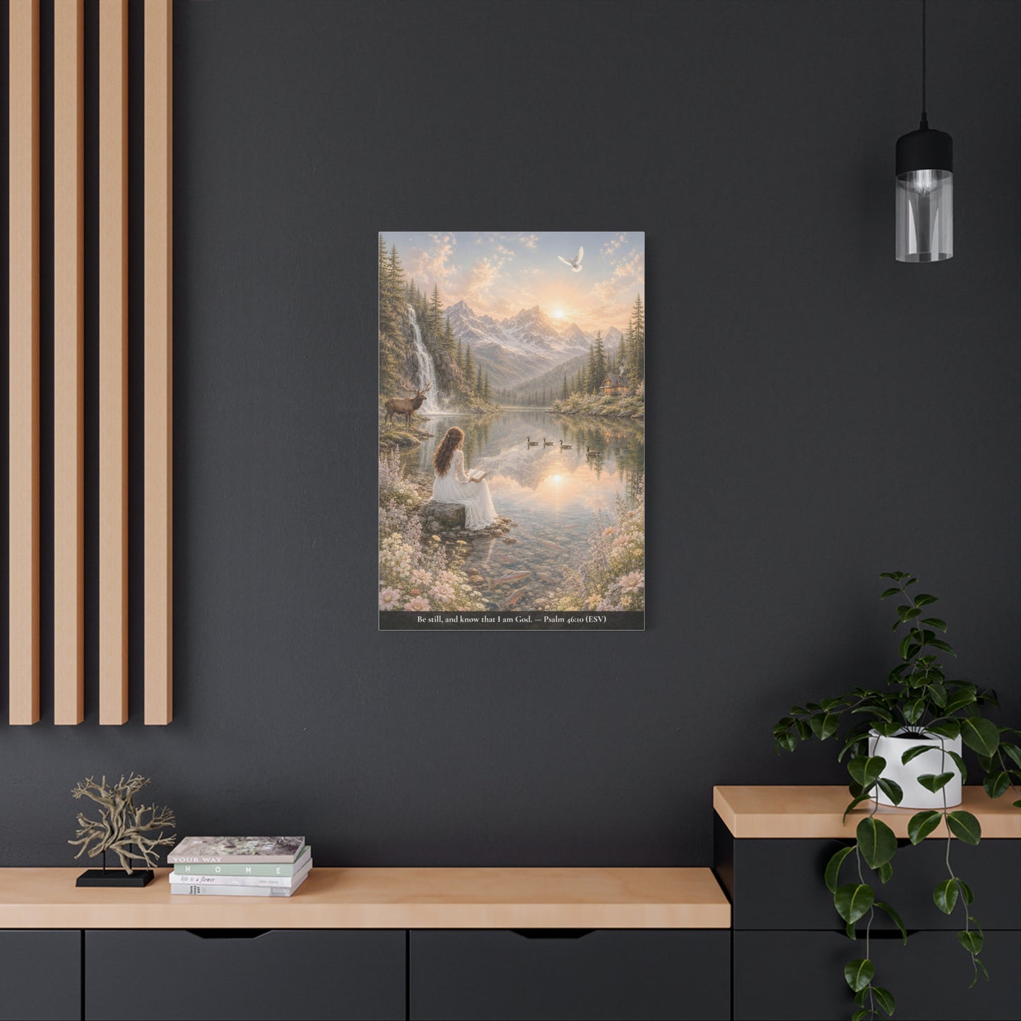 Be Still and Know — Psalm 46:10 — Woman at the Lake — Classic Edition — Christian Canvas Wall Art