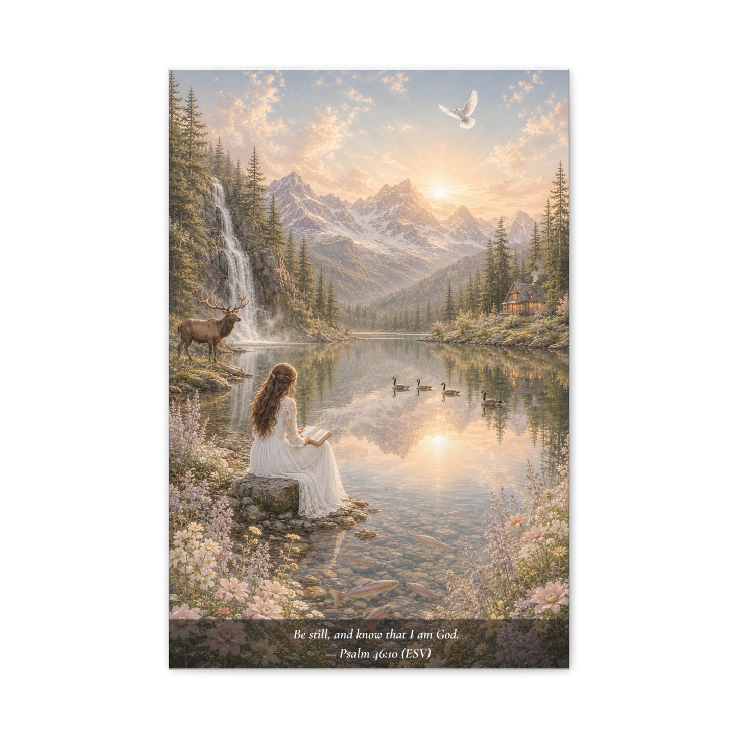 Be Still and Know — Psalm 46:10 — Woman at the Lake — Classic Edition — Christian Canvas Wall Art