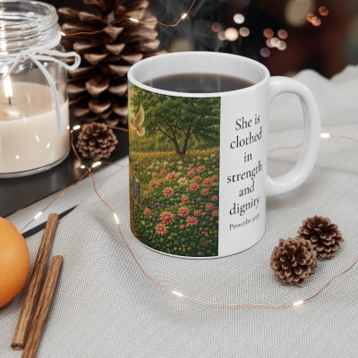 She Is Clothed in Strength and Dignity Mug 11oz - Proverbs 31:25 Christian Gift for Women