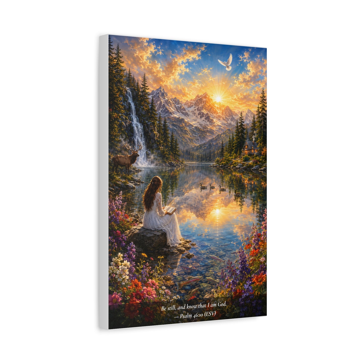 Be Still and Know — Psalm 46:10 — Woman at the Lake — Vibrant Edition — Christian Canvas Wall Art