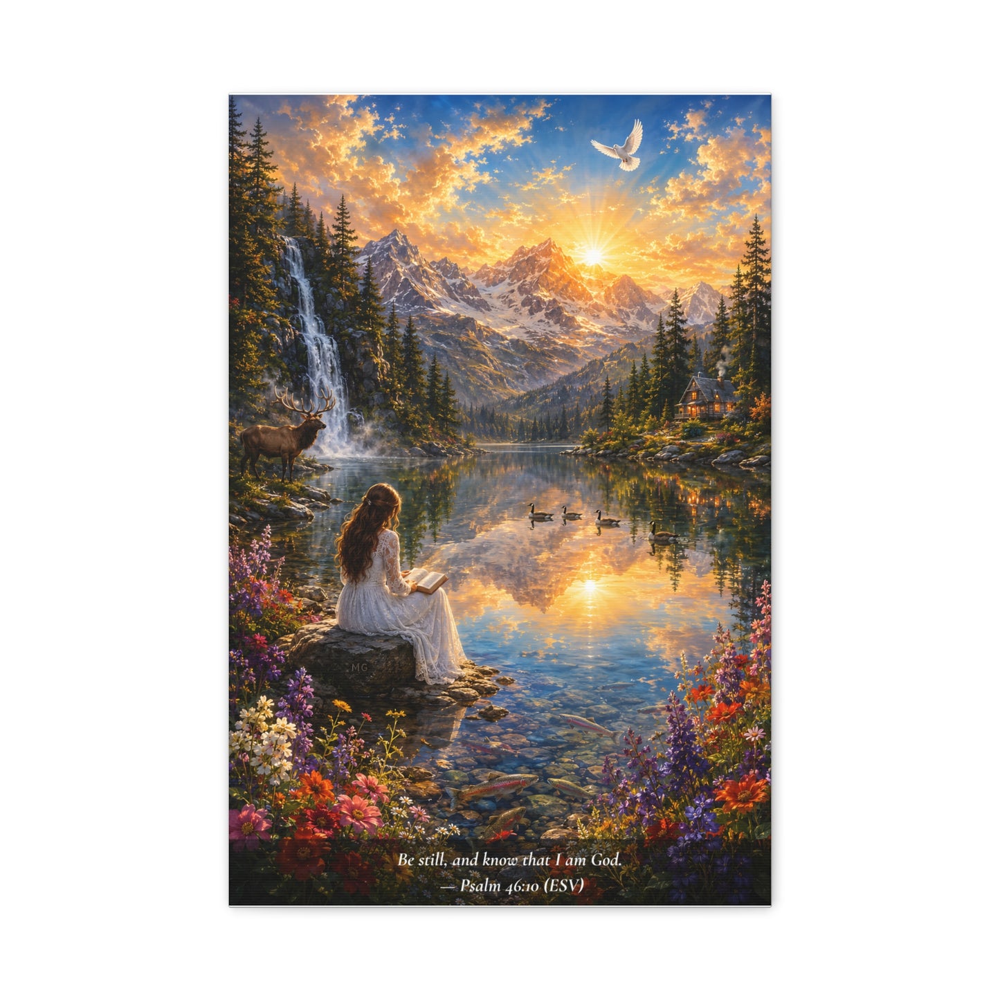 Be Still and Know — Psalm 46:10 — Woman at the Lake — Vibrant Edition — Christian Canvas Wall Art