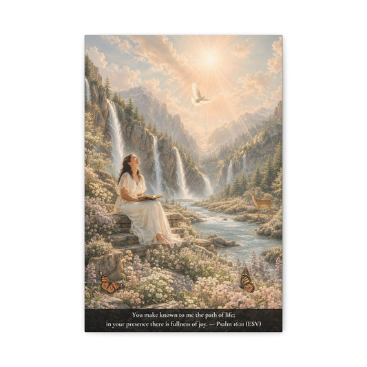 A vertical canvas wall art print  of a woman sitting by a waterfall reading a Bible with a scenic background.  Psalm 16:11 "You make known to me the path of life; in your presence there is fullness of joy.