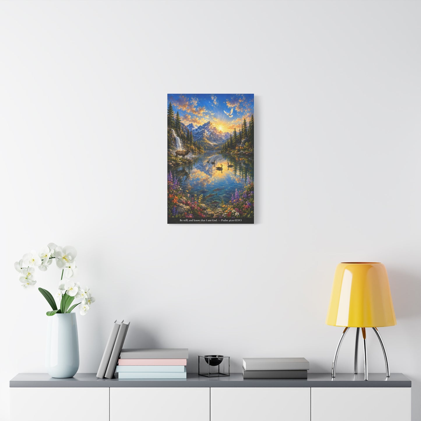 Be Still and Know — Psalm 46:10 — Christian Canvas Wall Art — Alpine Lake