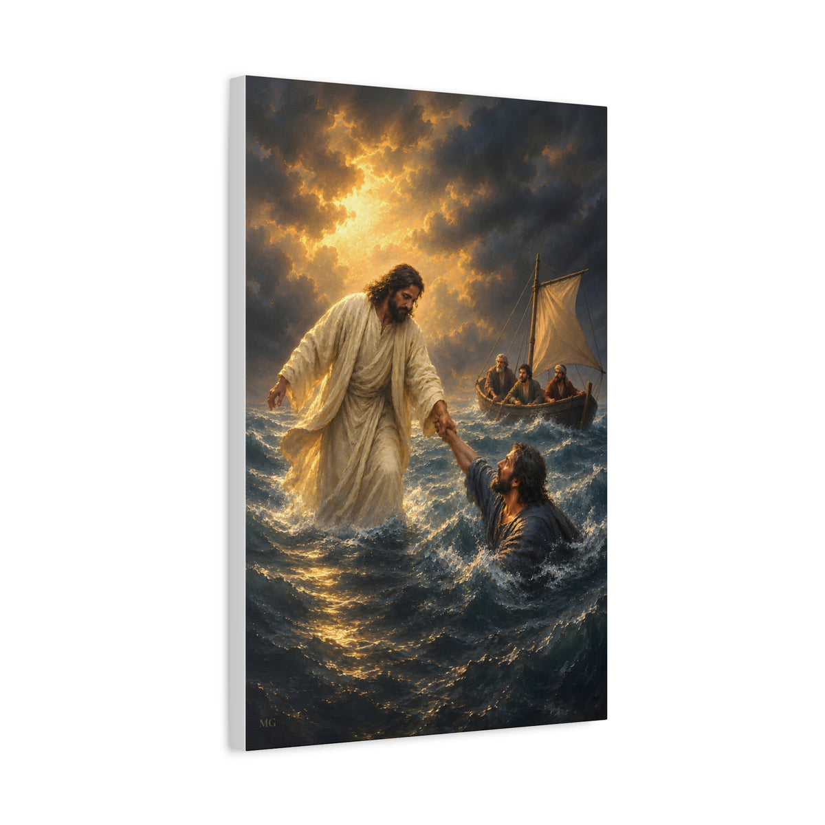 Jesus Saves Peter Portrait — Matthew 14:30-31 | Christian Canvas Art