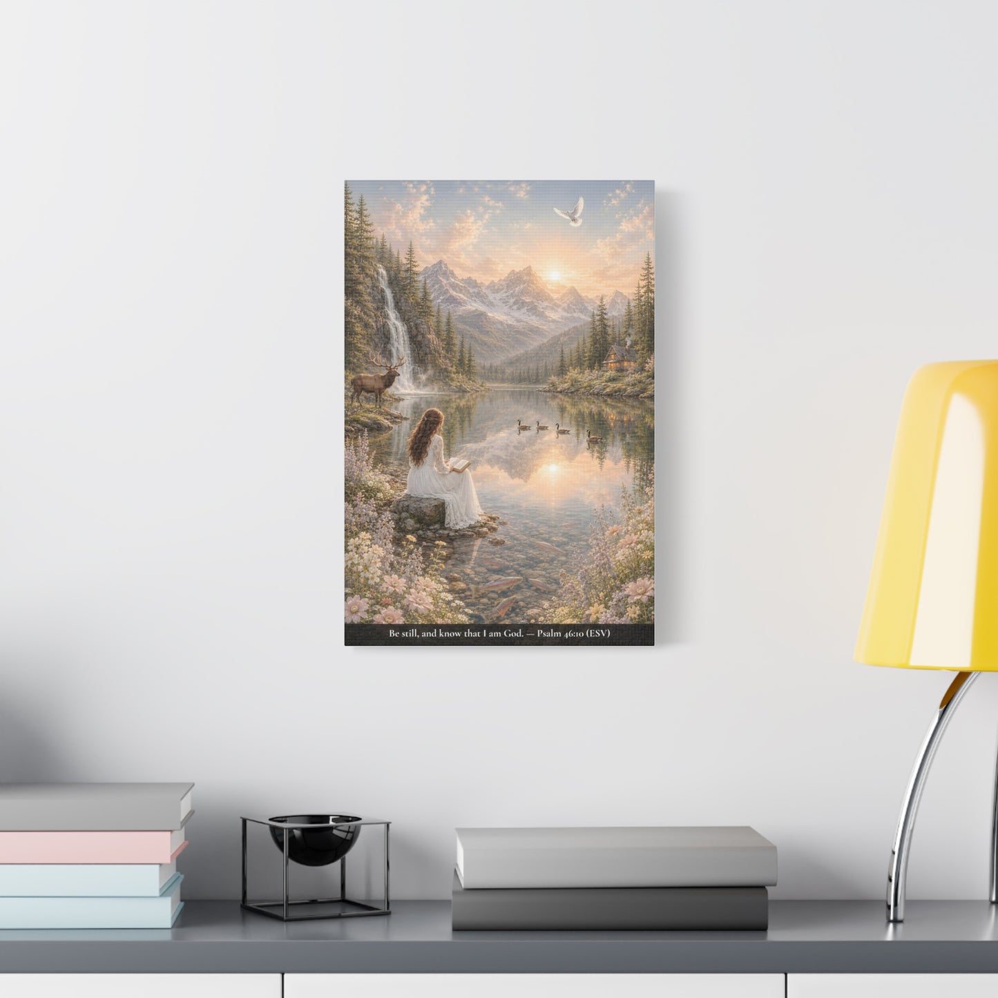 Be Still and Know — Psalm 46:10 — Woman at the Lake — Classic Edition — Christian Canvas Wall Art