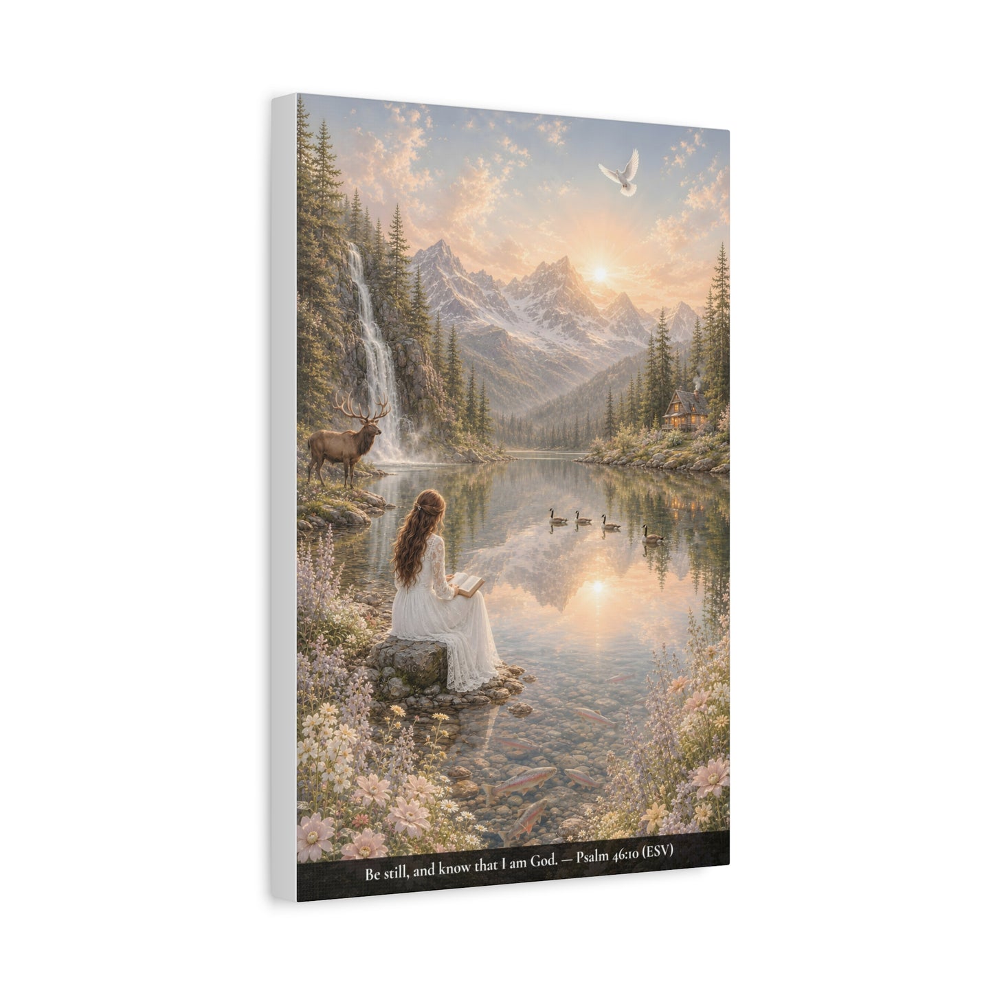 Be Still and Know — Psalm 46:10 — Woman at the Lake — Classic Edition — Christian Canvas Wall Art