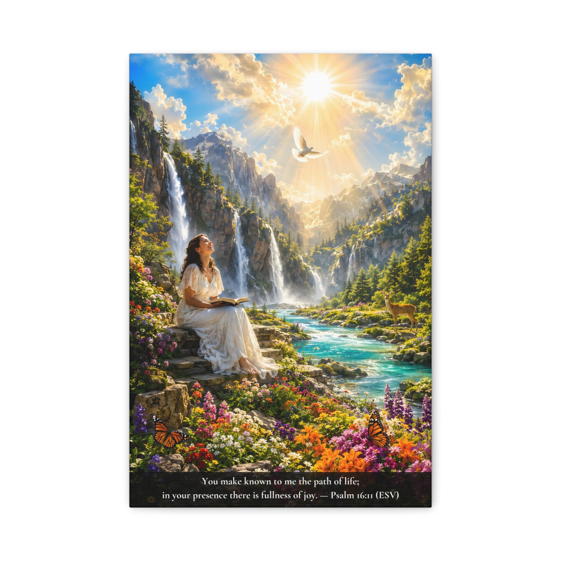 A vertical canvas wall art print  of a woman sitting by a waterfall reading a Bible with a scenic background.  Psalm 16:11 "You make known to me the path of life; in your presence there is fullness of joy.