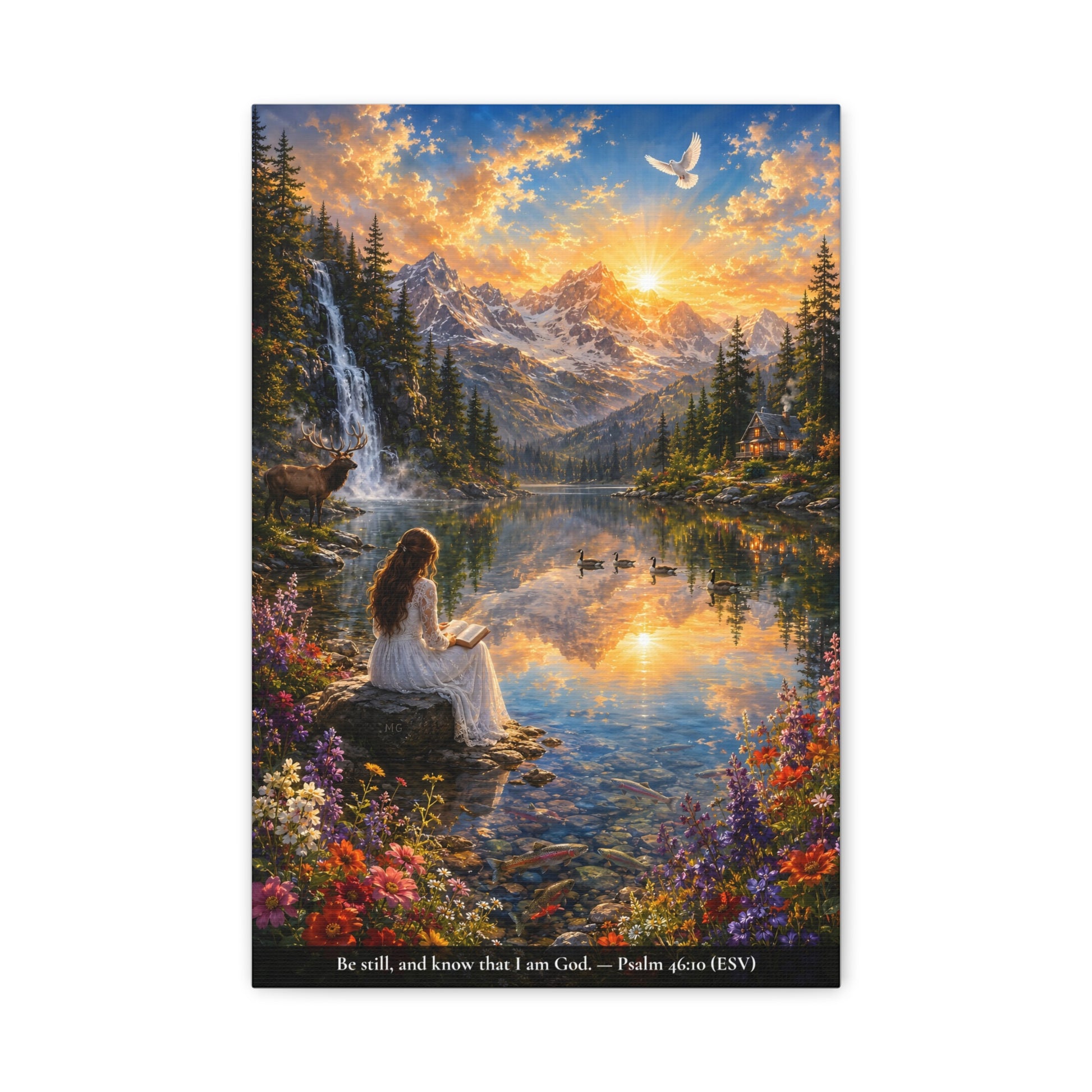 A vertical canvas wall art print  of a woman in a white dress sitting by a lake with mountains and an elk and ducks in the background.  Psalm 46:10 "Be still, and know that I am God."