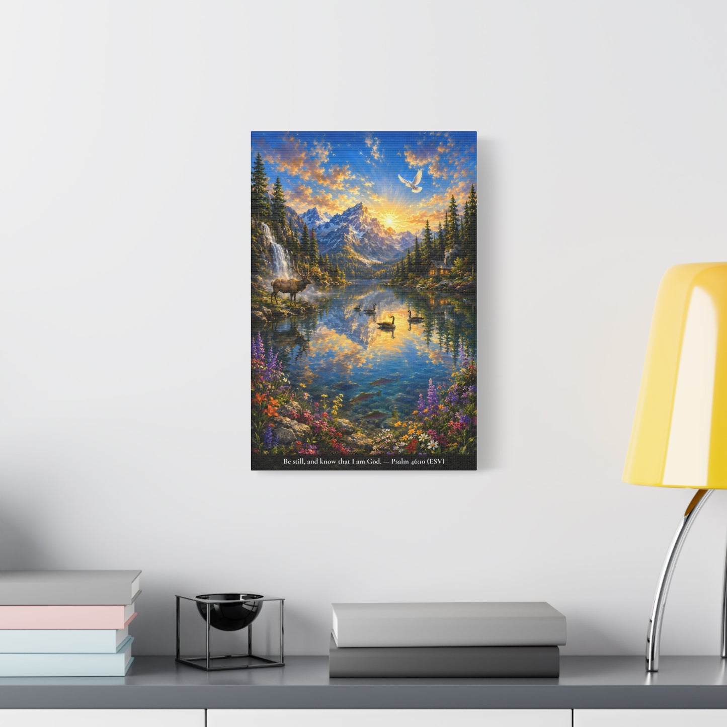 Be Still and Know — Psalm 46:10 — Christian Canvas Wall Art — Alpine Lake