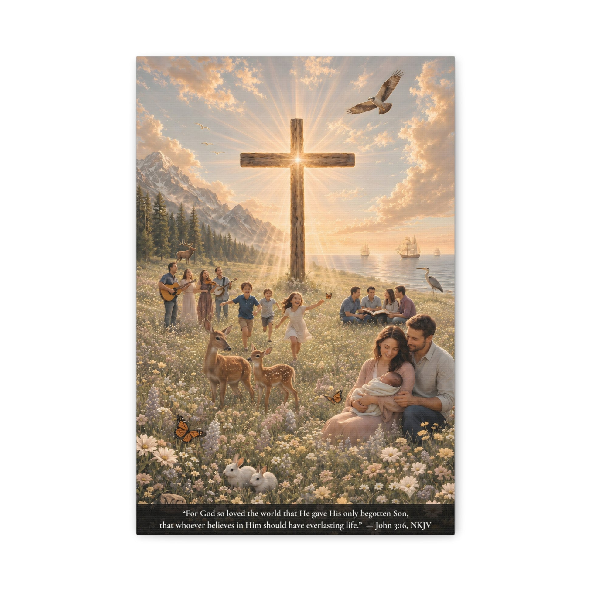 A vertical canvas wall art print  showing a colorful Christian scene with a large wooden cross in a sunlit meadow, mountains, water, ships, people, animals, and a Bible verse printed along the bottom. The print is centered on a light gray background.  People singing hymns, people reading Bible, children playing.  John 3:16 "Sor God so loved the world that He gave His only begotten Son..."