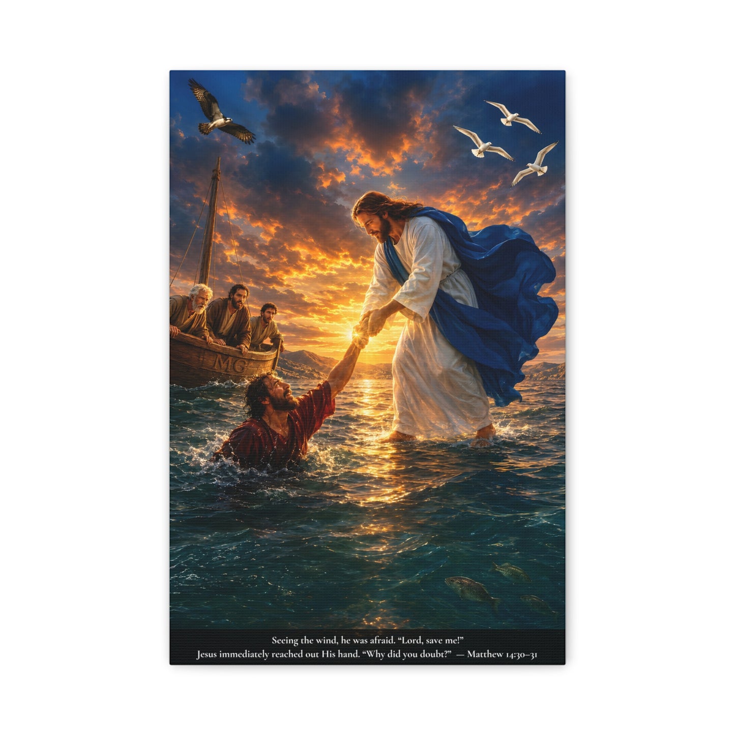 Jesus Saves Peter — Matthew 14:30-31 | Vibrant Christian Canvas Wall Art