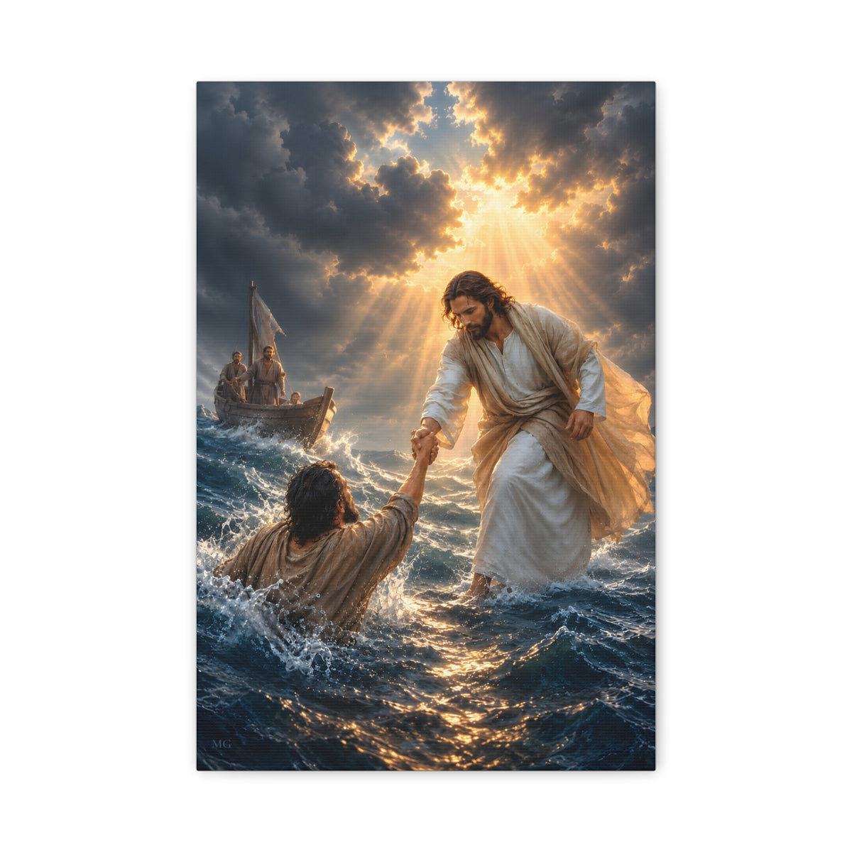 Jesus Catches Peter Portrait — Matthew 14:30-31 | Christian Canvas Art
