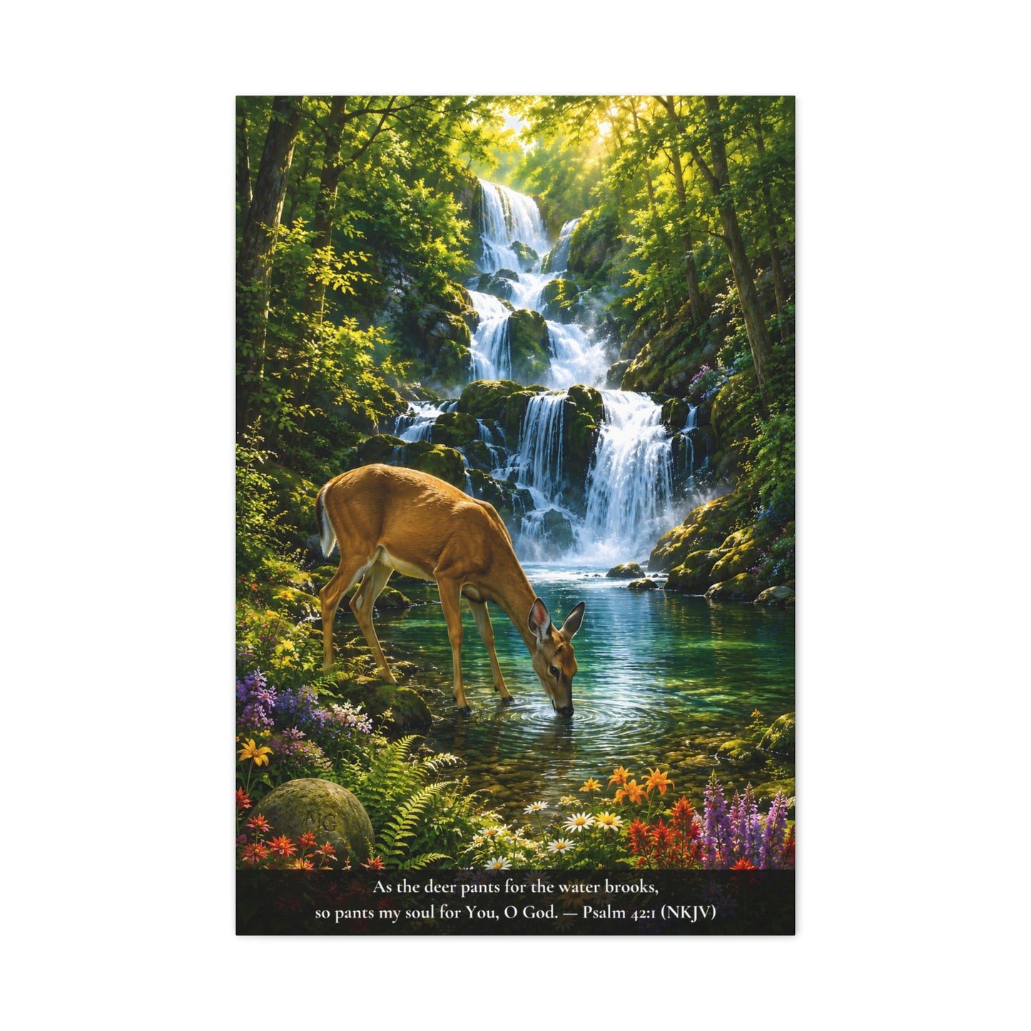 The Deer and the Waterfall — Vibrant Canvas Wall Art | Psalm 42:1