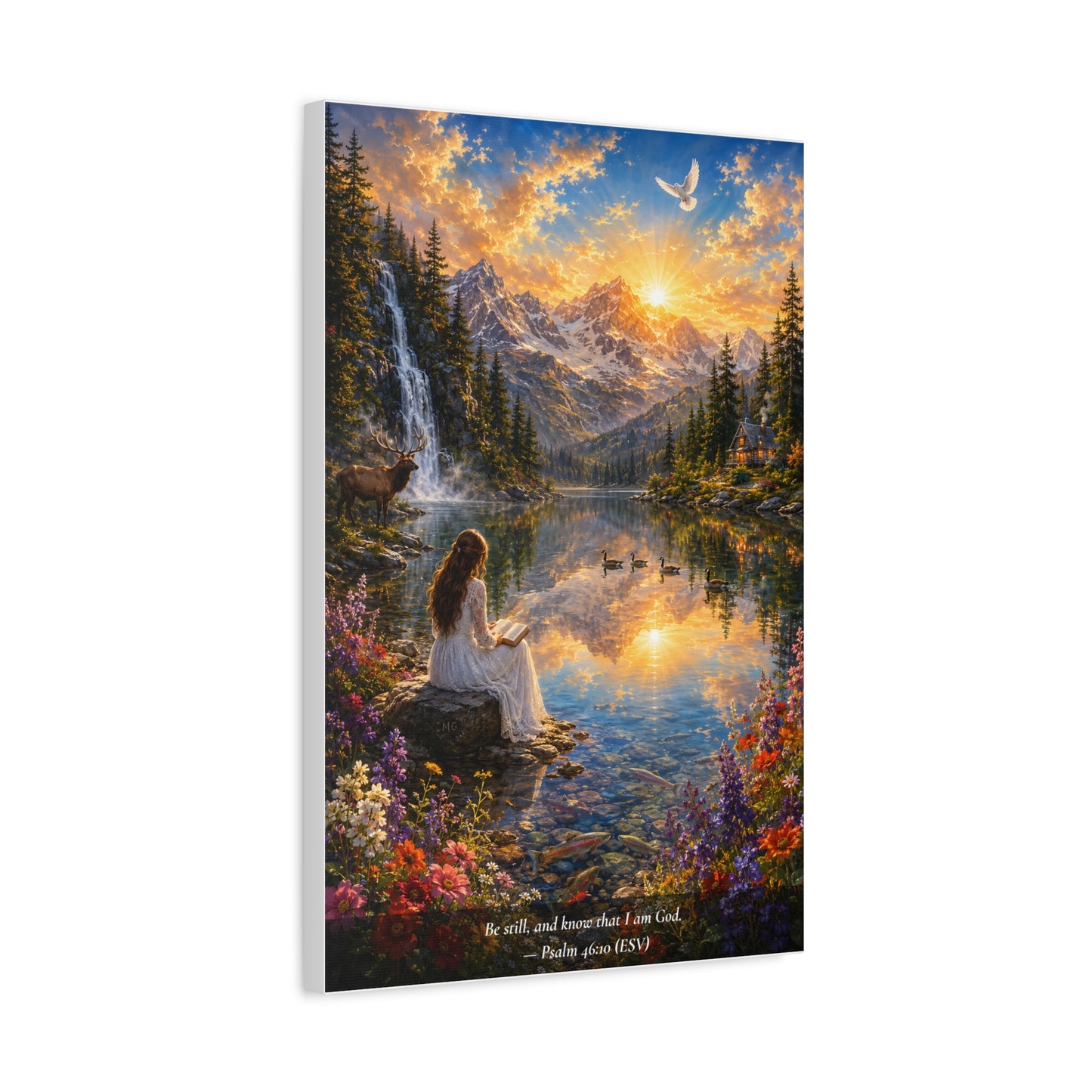 Be Still and Know — Psalm 46:10 — Woman at the Lake — Vibrant Edition — Christian Canvas Wall Art