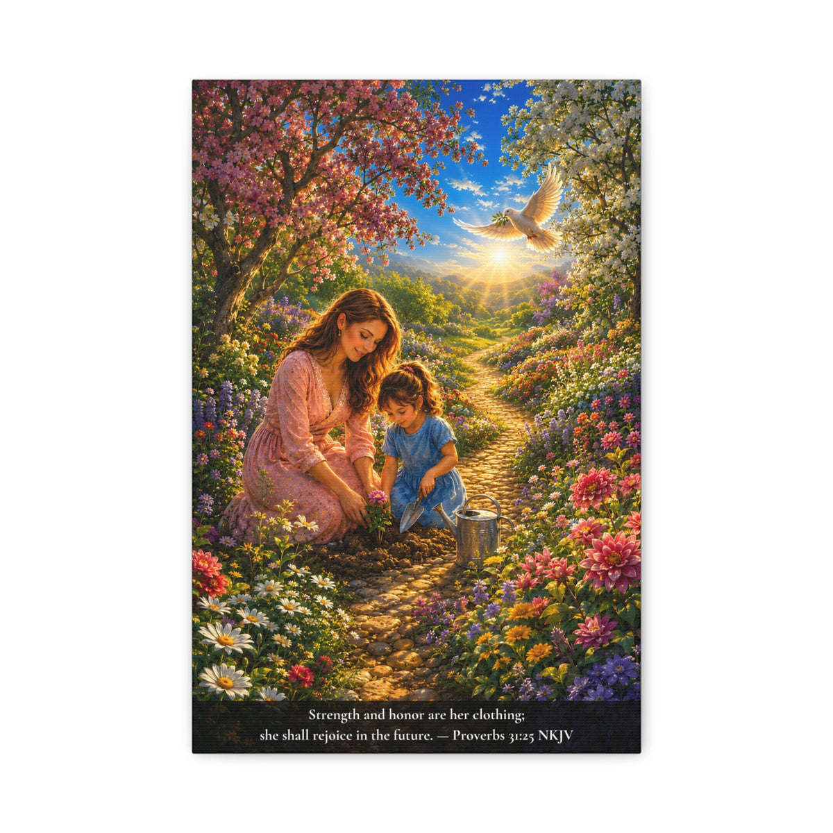A vertical canvas wall art print  of a woman and child in a garden with flowers and a dove, featuring a Bible verse.  Proverbs 31:25 Strength and honor are her clothing..."