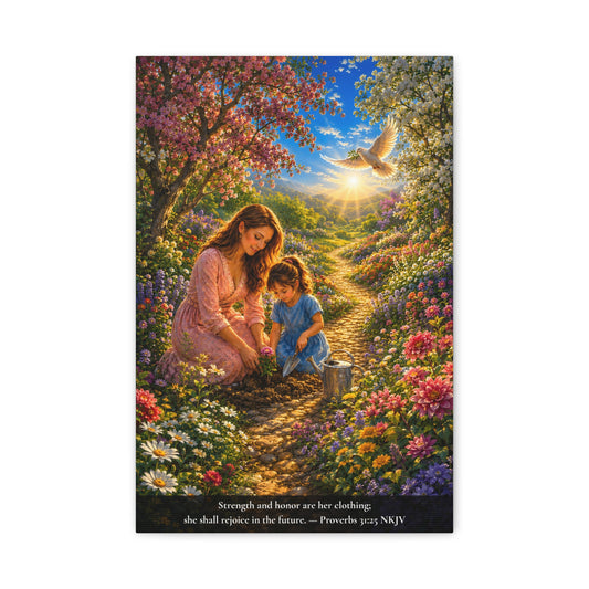A vertical canvas wall art print  of a woman and child in a garden with flowers and a dove, featuring a Bible verse.  Proverbs 31:25 Strength and honor are her clothing..."