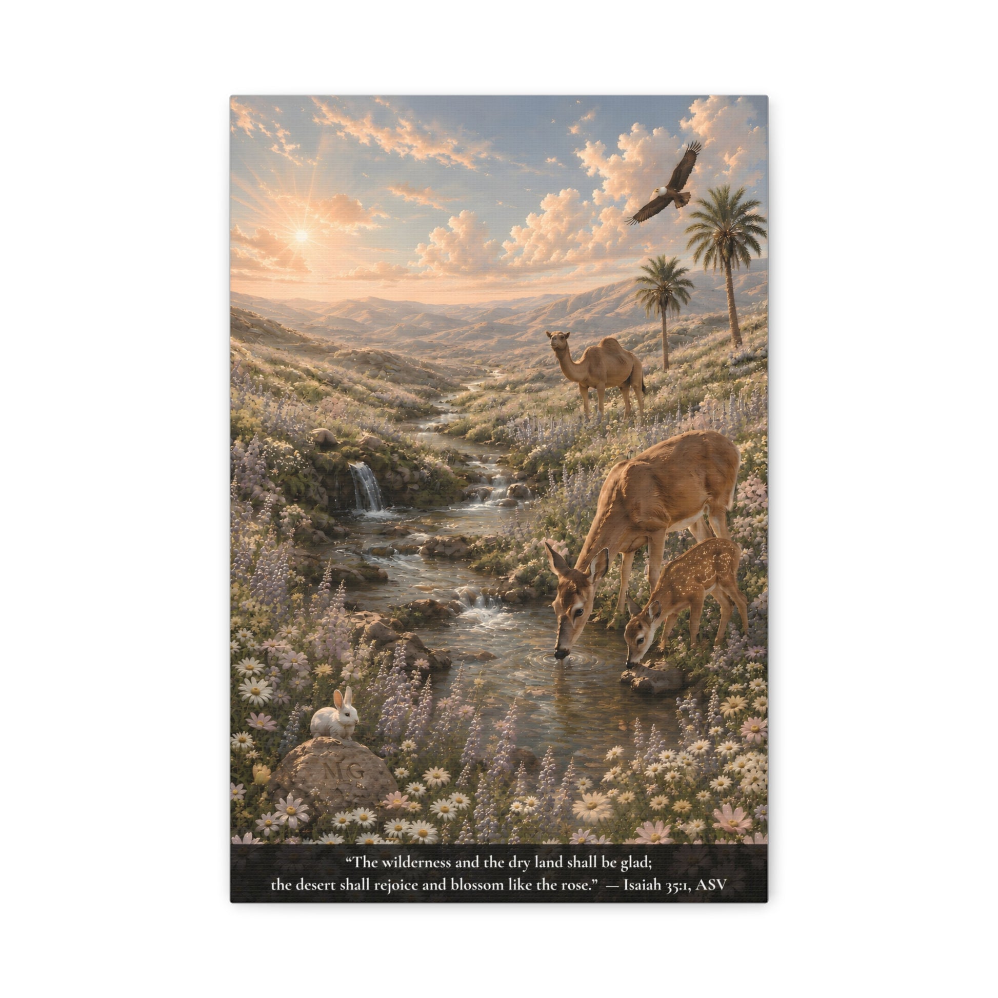 A vertical canvas wall art print  showing a colorful desert landscape with a stream, flowers, camels, palm trees, a bird, and a bright sun in the sky. A black band at the bottom contains a Bible verse in white text.  Isaiah 35:1 "The wilderness and the dry land shall be glad; the desert shall rejoice and blossom like the rose."