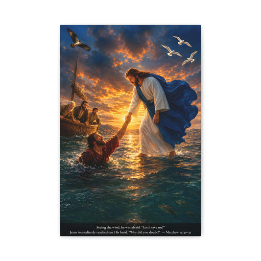 A vertical canvas wall art print  depicting Jesus reaching out of the water to save Peter, with a boat, seagulls, and a dramatic sunset sky. The print is centered on a white background with a small Bible verse printed along the bottom edge.
