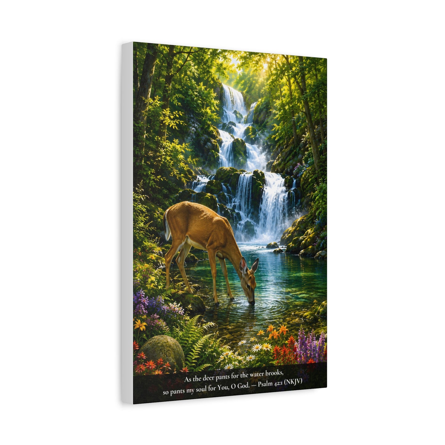 The Deer and the Waterfall — Vibrant Canvas Wall Art | Psalm 42:1