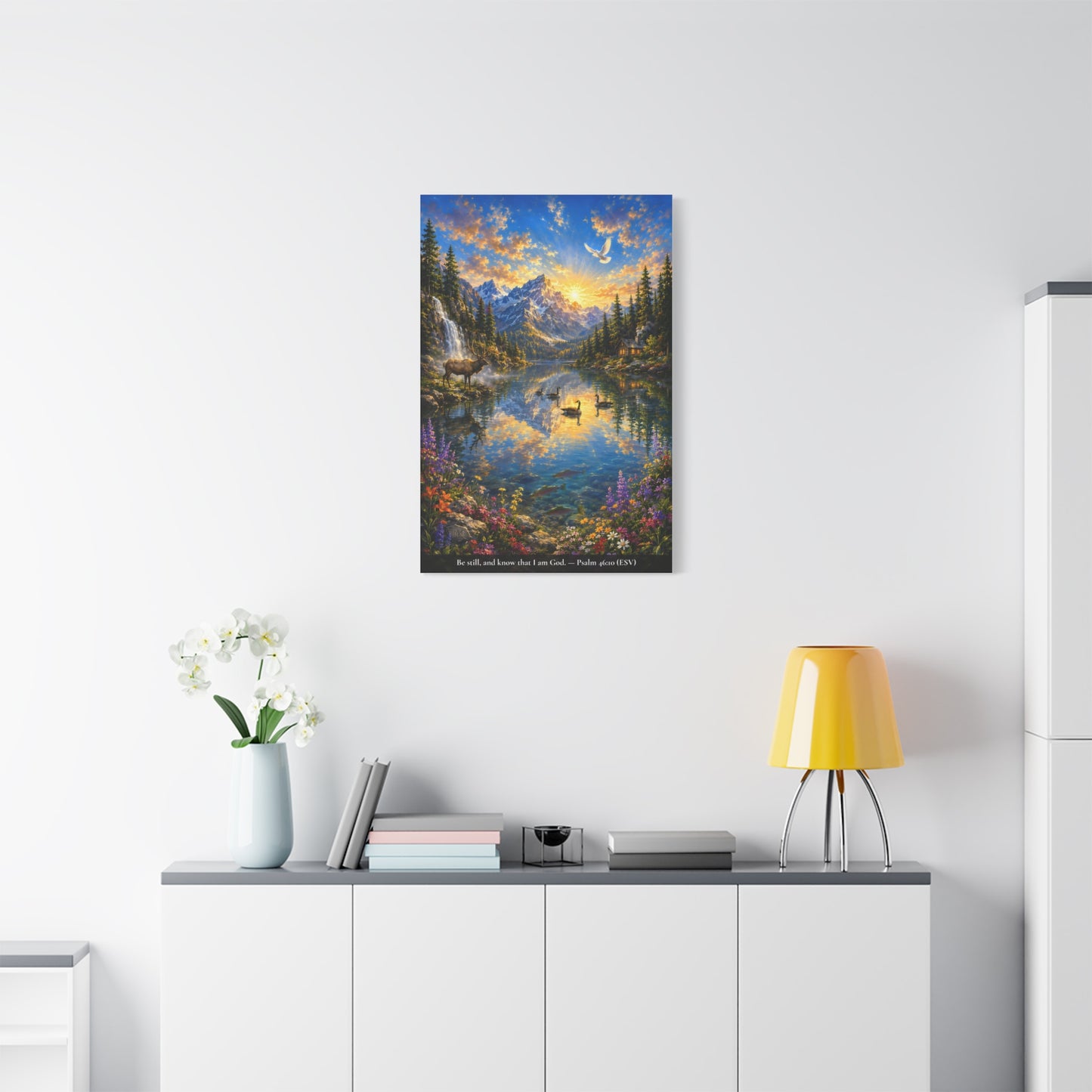 Be Still and Know — Psalm 46:10 — Christian Canvas Wall Art — Alpine Lake