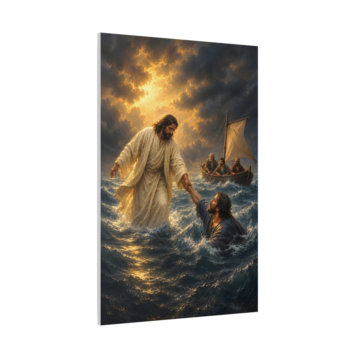 Jesus Saves Peter Portrait — Matthew 14:30-31 | Christian Canvas Art