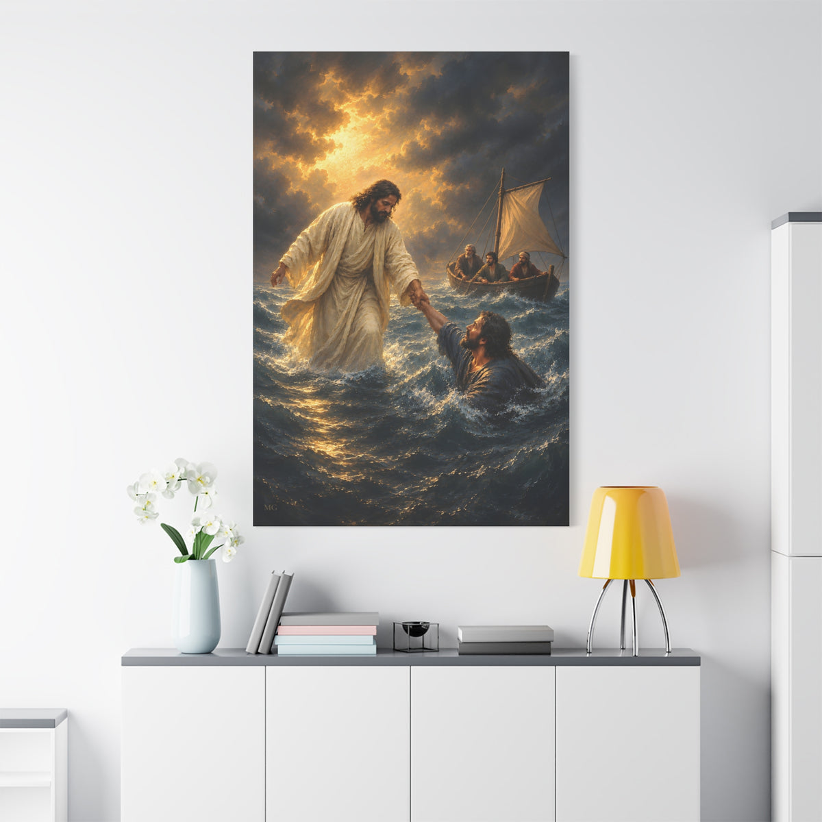 Jesus Saves Peter Portrait — Matthew 14:30-31 | Christian Canvas Art