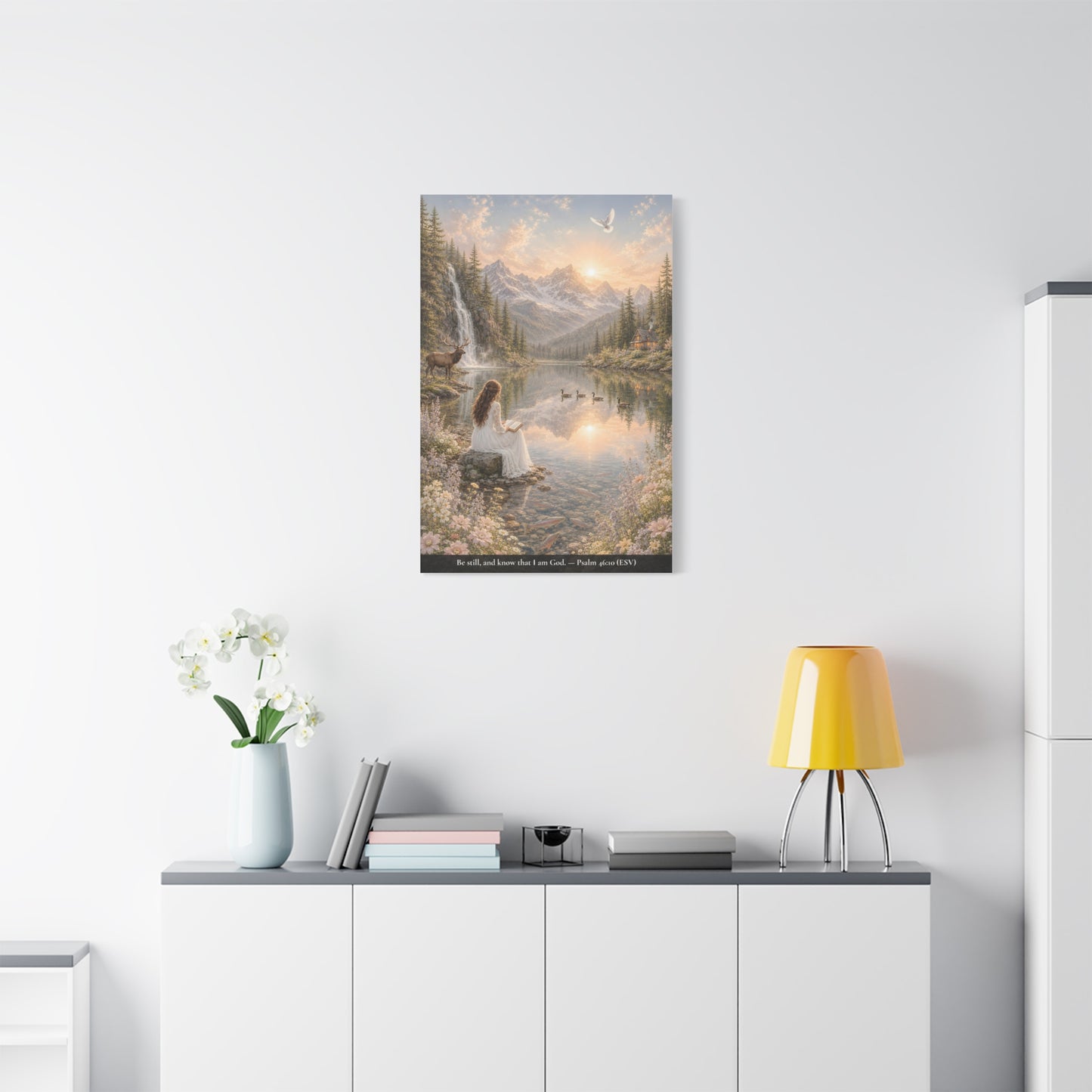 Be Still and Know — Psalm 46:10 — Woman at the Lake — Classic Edition — Christian Canvas Wall Art