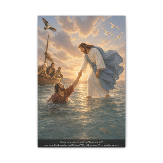 A vertical canvas wall art print depicting Jesus reaching out of the ocean to save Peter, with a boat and seagulls in the background under a glowing sunset sky. The print is centered on a white background with a thin black border at the bottom containing a Bible verse.