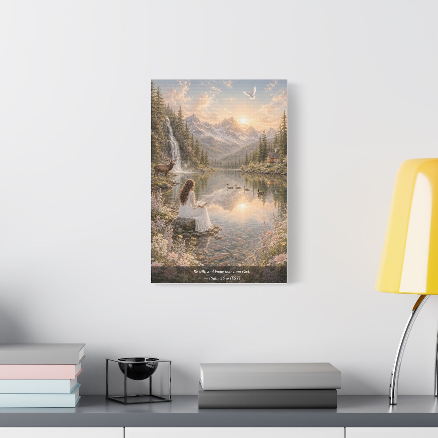 Be Still and Know — Psalm 46:10 — Woman at the Lake — Classic Edition — Christian Canvas Wall Art