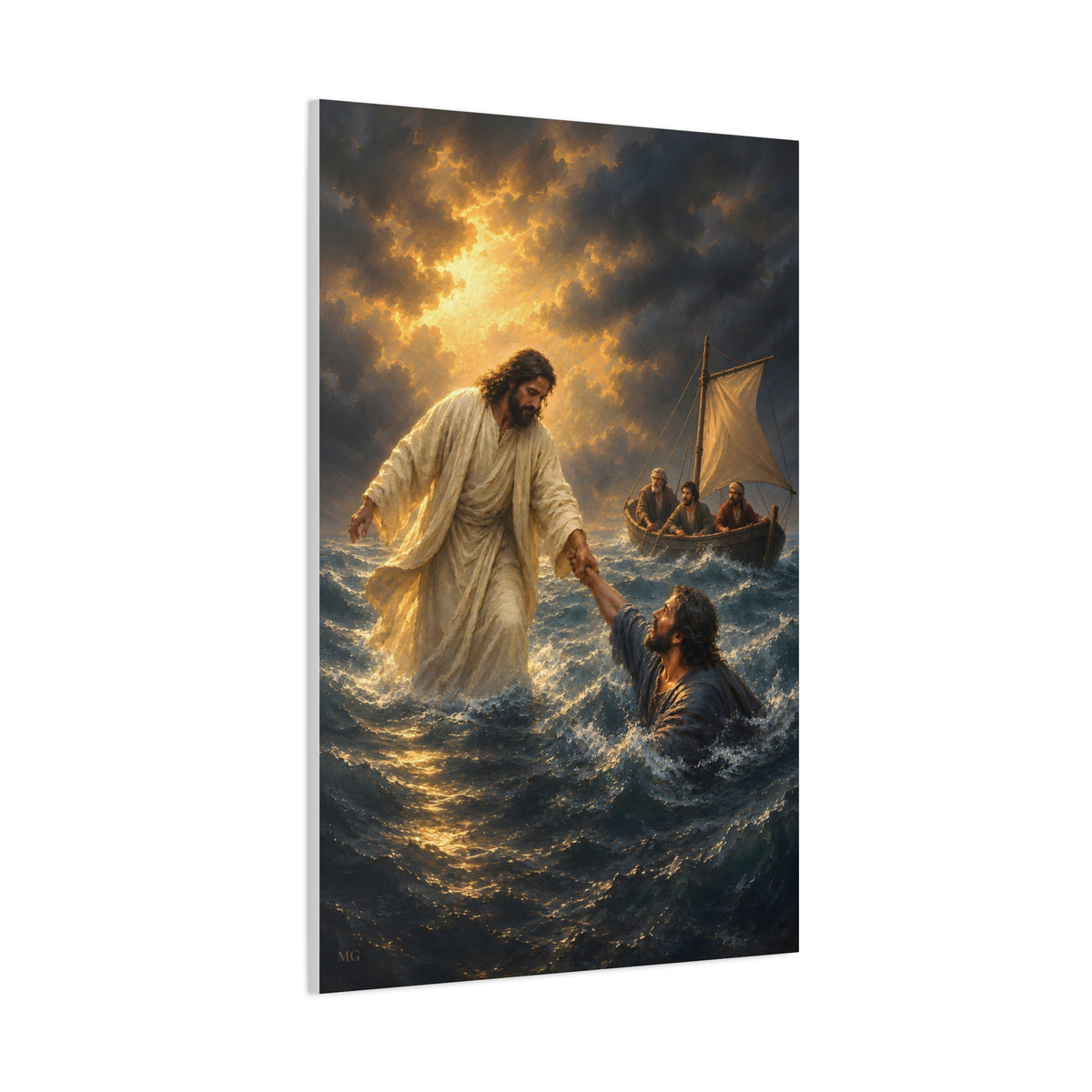 Jesus Saves Peter Portrait — Matthew 14:30-31 | Christian Canvas Art