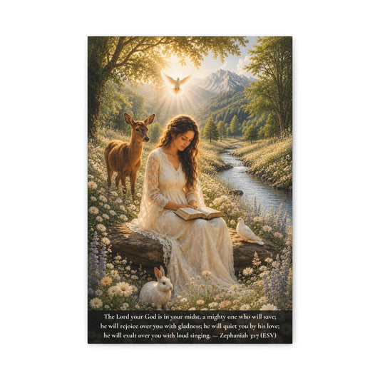 A vertical canvas wall art print  of a woman in a white dress sitting by a stream with animals, surrounded by nature. Zephaniah 3:17 "...He will quiet you by His love..."