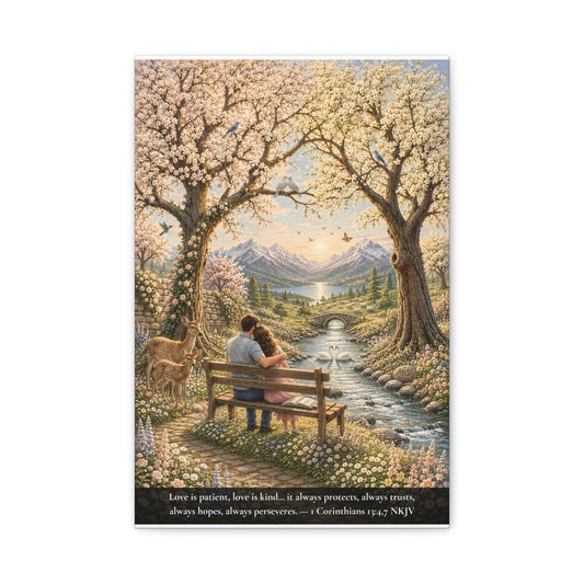 Love Is Patient — Young Couple | 1 Corinthians 13:4-7 | Classic Christian Canvas Art