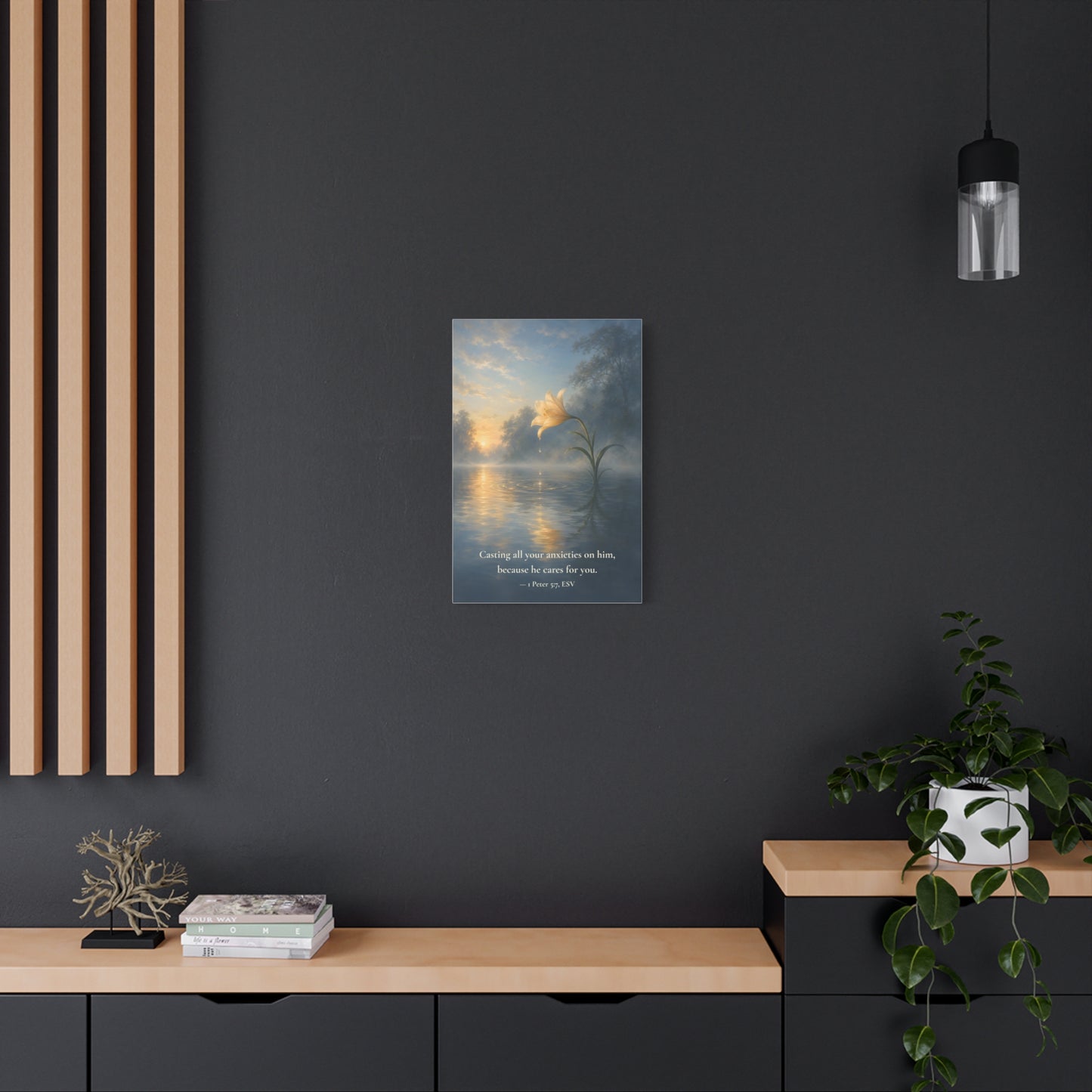 Because He Cares For You — 1 Peter 5:7 | Quiet Grace Canvas Wall Art