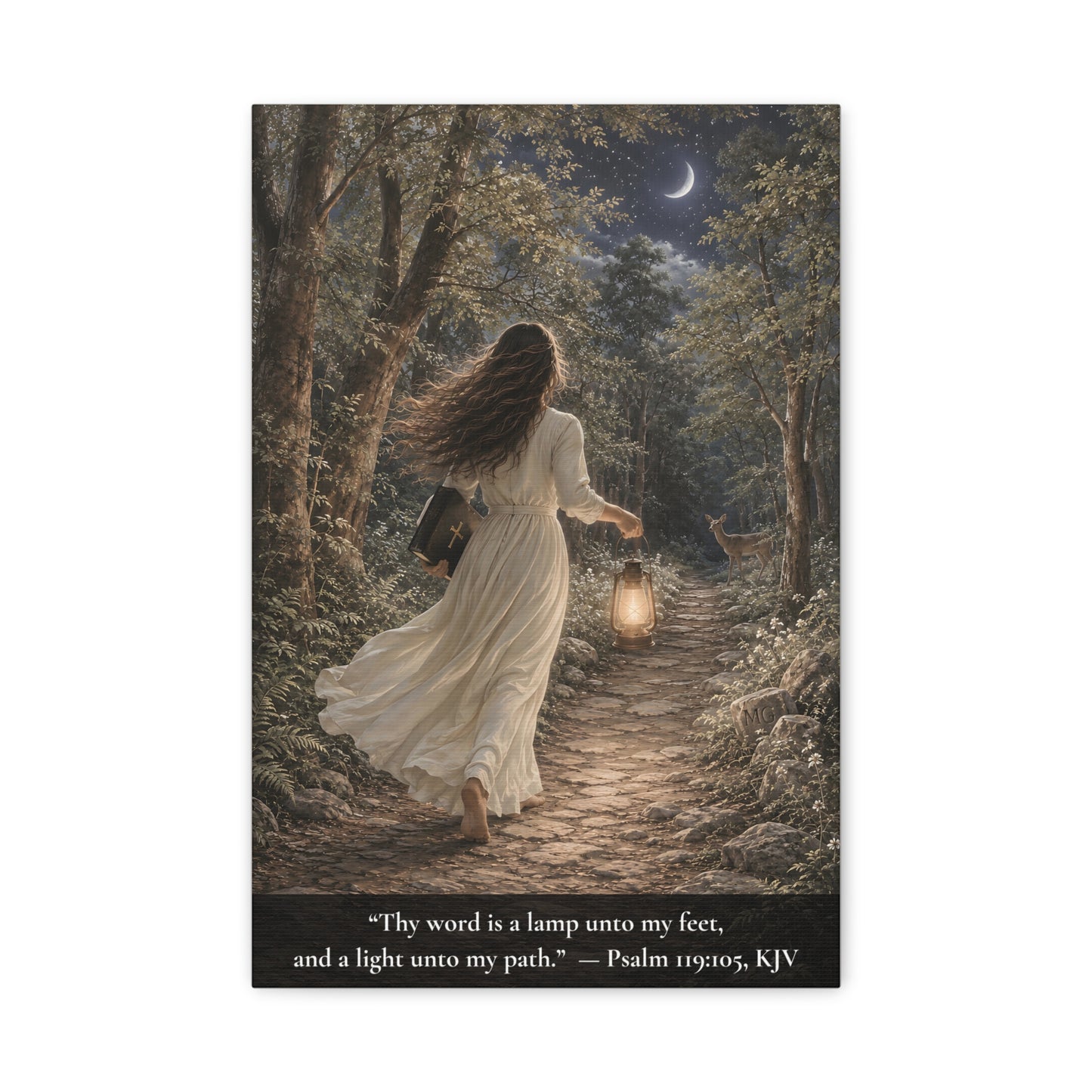 A vertical canvas wall art print showing a woman in a long white dress walking along a forest path at night, carrying a lantern and looking up at a crescent moon. A dark band at the bottom contains the text, “Thy word is a lamp unto my feet, and a light unto my path."  Psalm 119:105