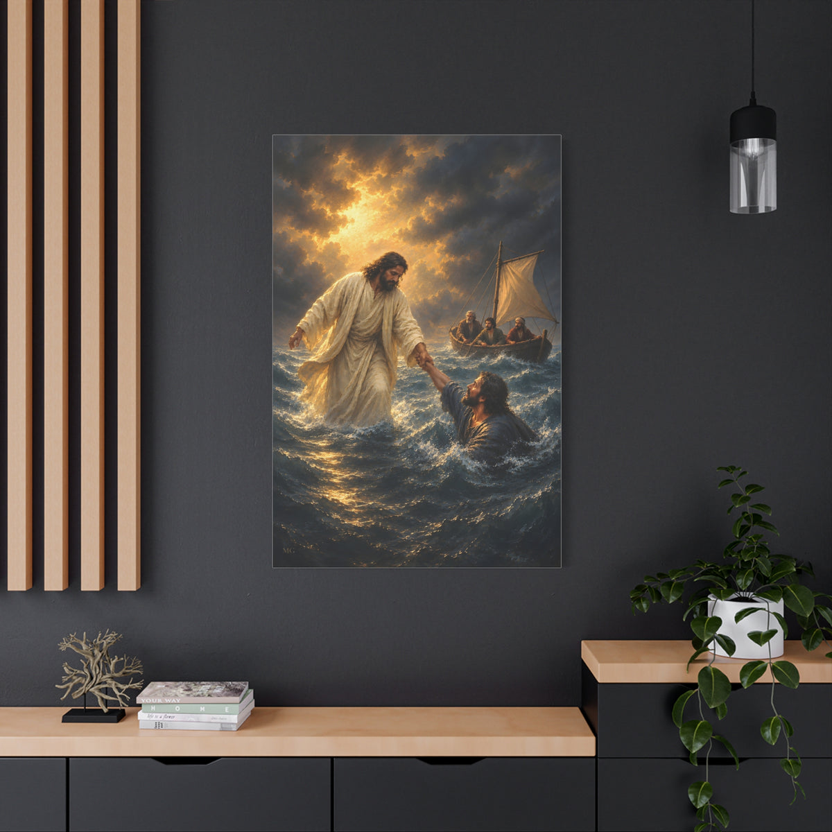 Jesus Saves Peter Portrait — Matthew 14:30-31 | Christian Canvas Art
