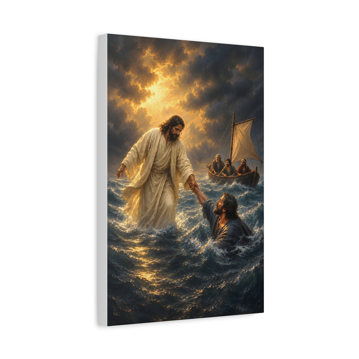Jesus Saves Peter Portrait — Matthew 14:30-31 | Christian Canvas Art