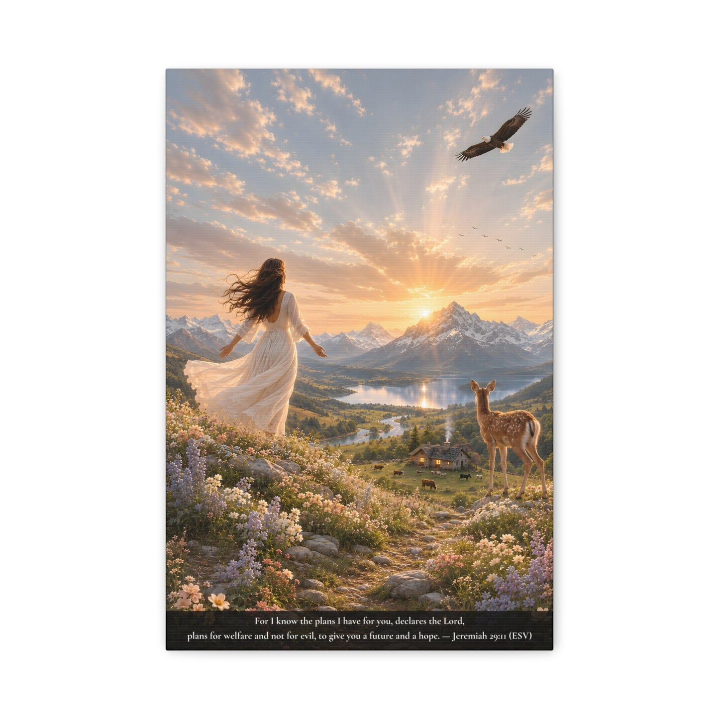 A vertical canvas wall art print of a woman in a white dress standing on a mountain top with a deer and an eagle, set against a sunset sky. Jeremiah 29:11 "I know the plans I have for you declares the Lord..."