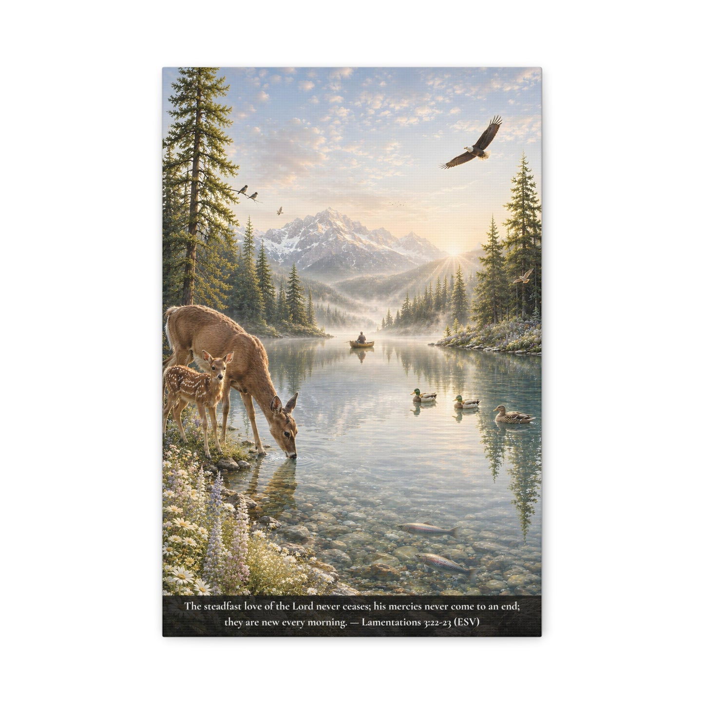A vertical canvas wall art print  - Scenic painting of a deer and fawn by a lake with mountains and birds. Lamentations 3:22-23 "The steadfast love of the Lord never ceases, his mercies never come to an end; they are new every morning."