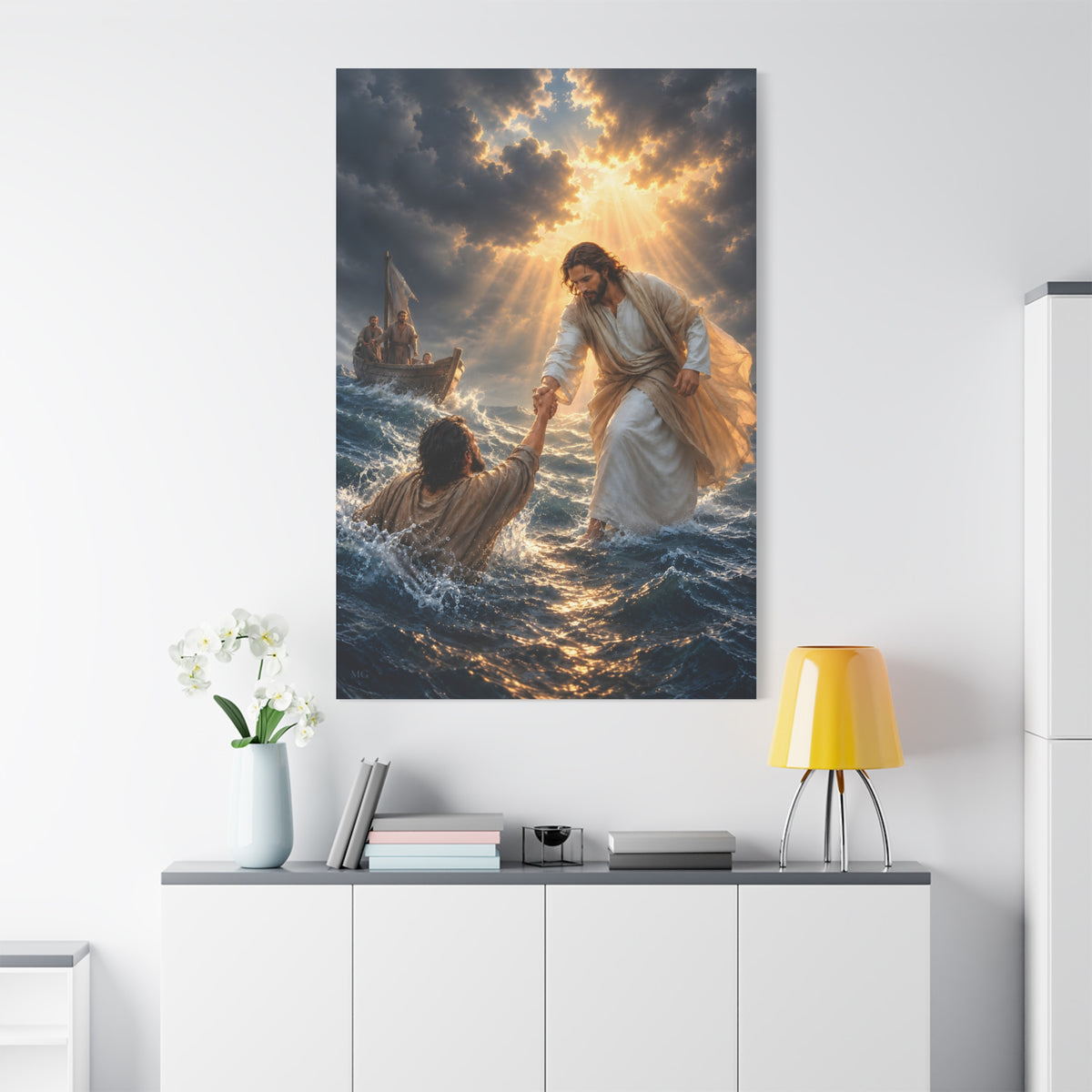 Jesus Catches Peter Portrait — Matthew 14:30-31 | Christian Canvas Art