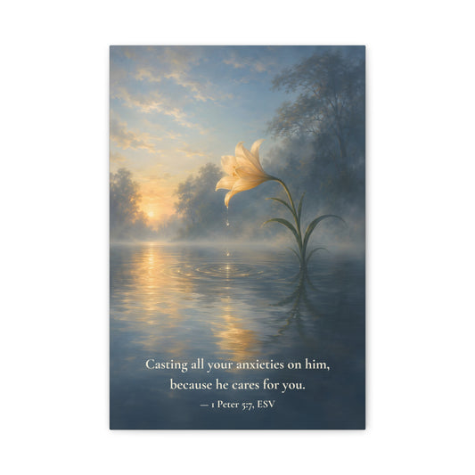 Because He Cares For You — 1 Peter 5:7 | Quiet Grace Canvas Wall Art