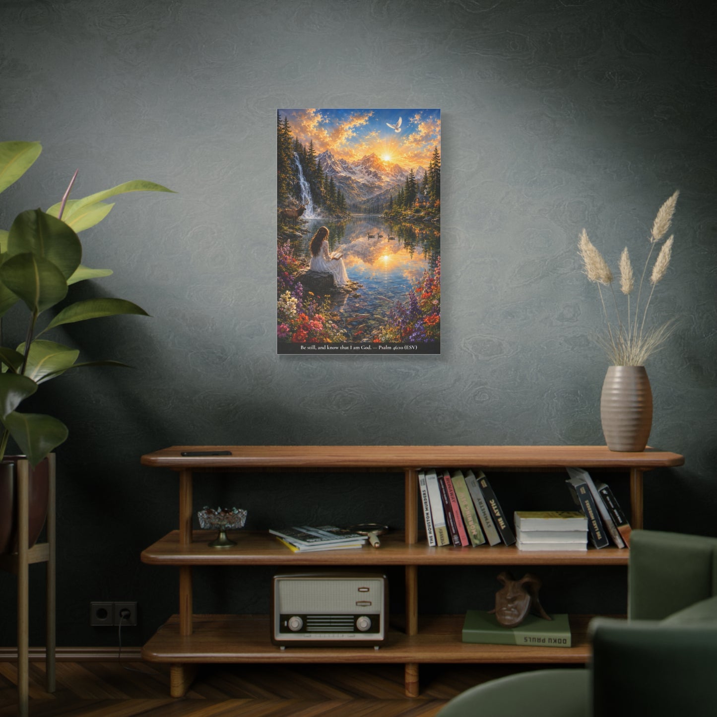 Be Still and Know — Psalm 46:10 — Woman at the Lake — Vibrant Edition — Christian Canvas Wall Art