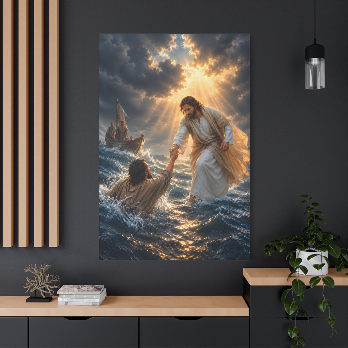 Jesus Catches Peter Portrait — Matthew 14:30-31 | Christian Canvas Art