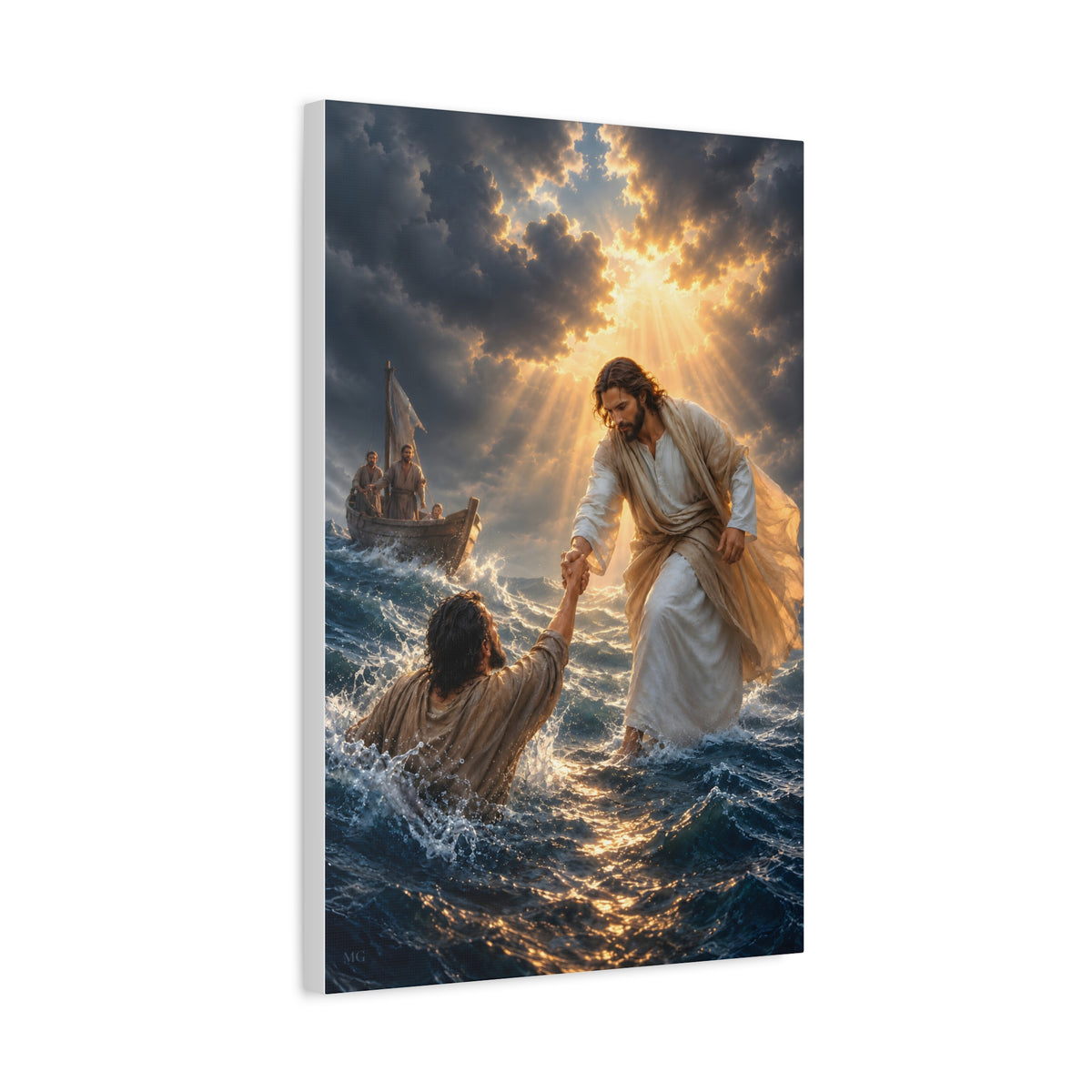 Jesus Catches Peter Portrait — Matthew 14:30-31 | Christian Canvas Art
