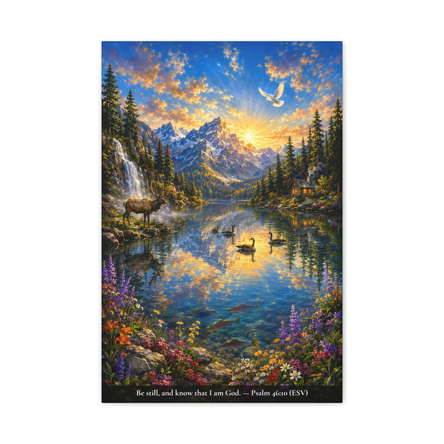 Be Still and Know — Psalm 46:10 — Christian Canvas Wall Art — Alpine Lake