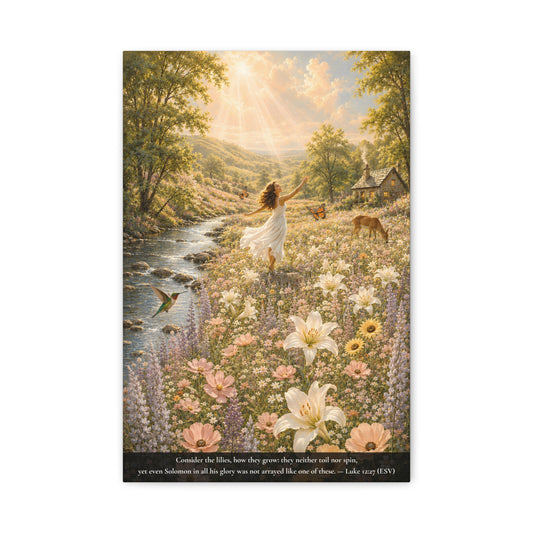 A vertical canvas wall art print   of a woman in a white dress standing in a field of flowers with a cabin in the background.  Luke 12:27 "Consider the lilies..."