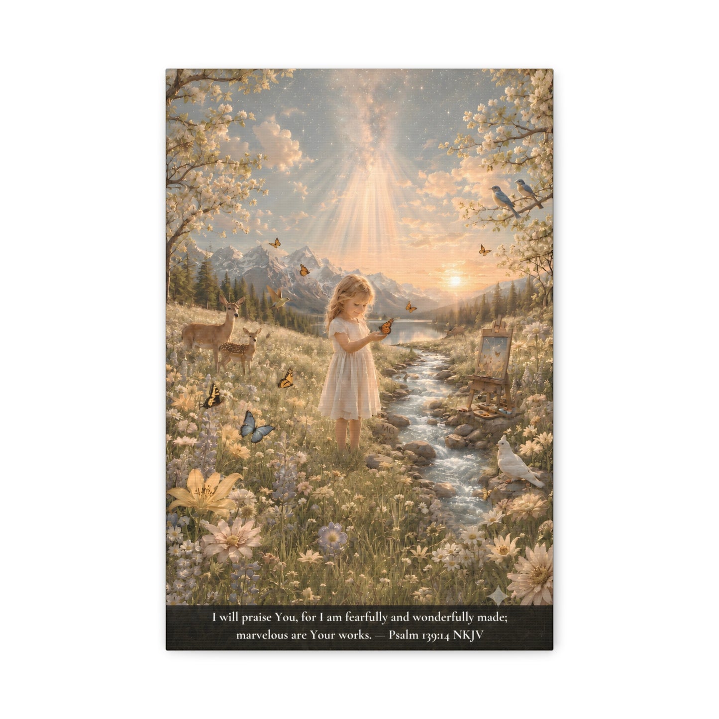 A vertical canvas wall art print showing a pastoral landscape with a young girl standing by a stream in a flower-filled meadow, surrounded by deer, birds, butterflies, and mountains under a glowing sunset sky. A black band at the bottom contains a Bible verse in white text.  Psalm 139:14