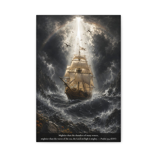 A vertical canvas wall art print  - Sailing ship in a stormy sea with a bright light in the sky.  Psalm 93:4 "Mighteier than the thunders of many waters, mightier than the waves of the sea, the Lord on high is mighty."