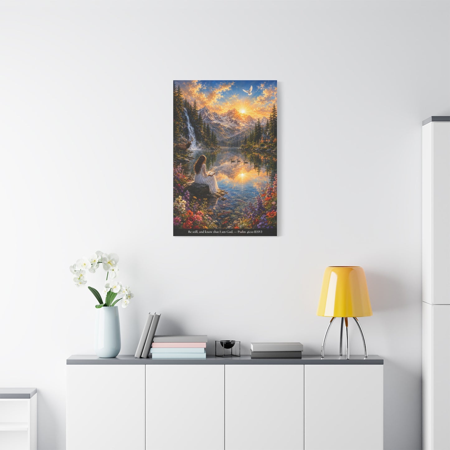 Be Still and Know — Psalm 46:10 — Woman at the Lake — Vibrant Edition — Christian Canvas Wall Art