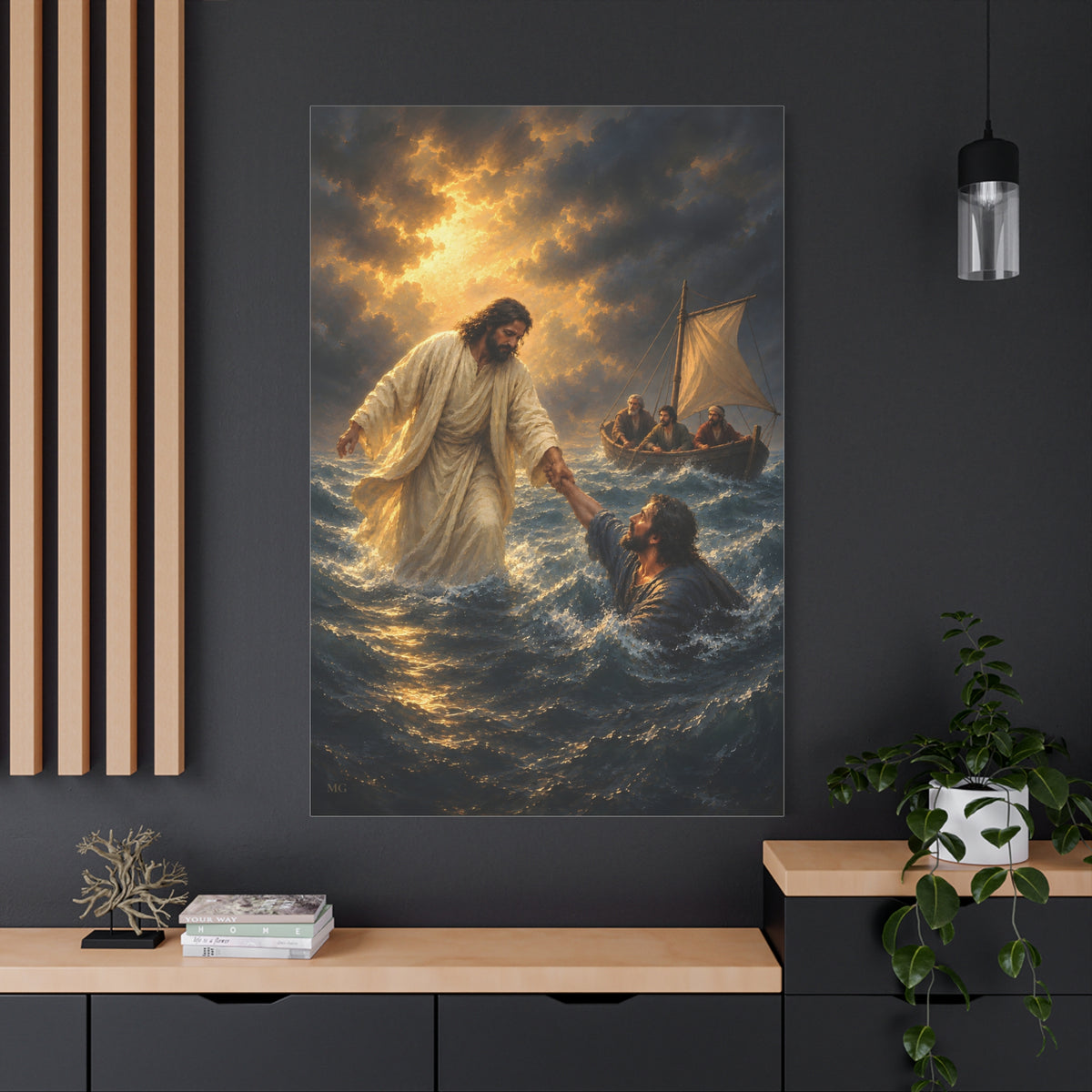 Jesus Saves Peter Portrait — Matthew 14:30-31 | Christian Canvas Art